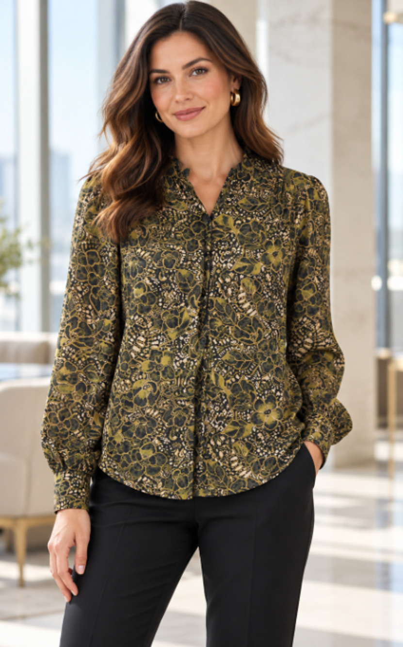 Evereve Large Blouse Paisley black brown Ruffle Western boho chiffon designer
